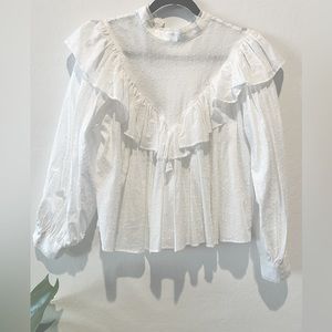 Zara White Swiss Dot Ruffled Top